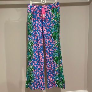 Lilly Pulitzer Blue Wide-Leg Palm Print Pants with Pink Accents